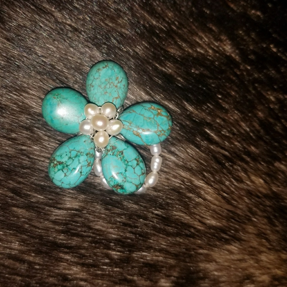 Turquoise & Freshwater Pearl Boho Chic Retro Ring